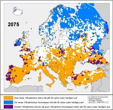 Die Veränderung der Häufigkeit schwerer Dürren und Hochwasser für das Jahr 2075 für ein Szenario ohne Klimaschutzmaßnahmen.