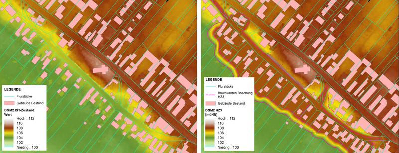 Digitales Geländemodell im Vergleich zwischen Ist-Zustand (links) und einem Hebeszenario (rechts)