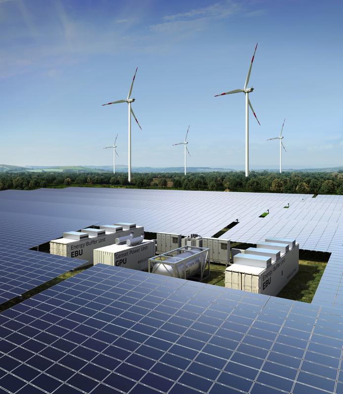 Das Hybridkraftwerk kombiniert Photovoltaik, Wind- und Dieselgenerator.