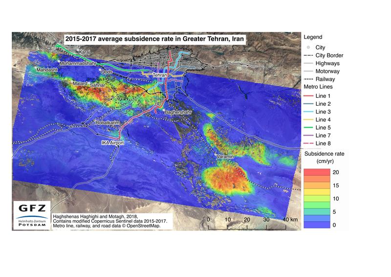 Durchschnittliche Absenkungsrate im Großraum Teheran in den Jahren 2015 bis 2017 basierend auf Daten des Sentinel-Satellitensystems. 