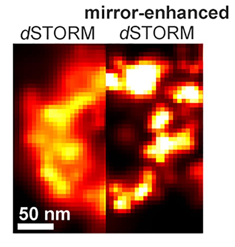 Conventional (left) and mirror-enhanced dSTORM (right) images of a single NPC rings.