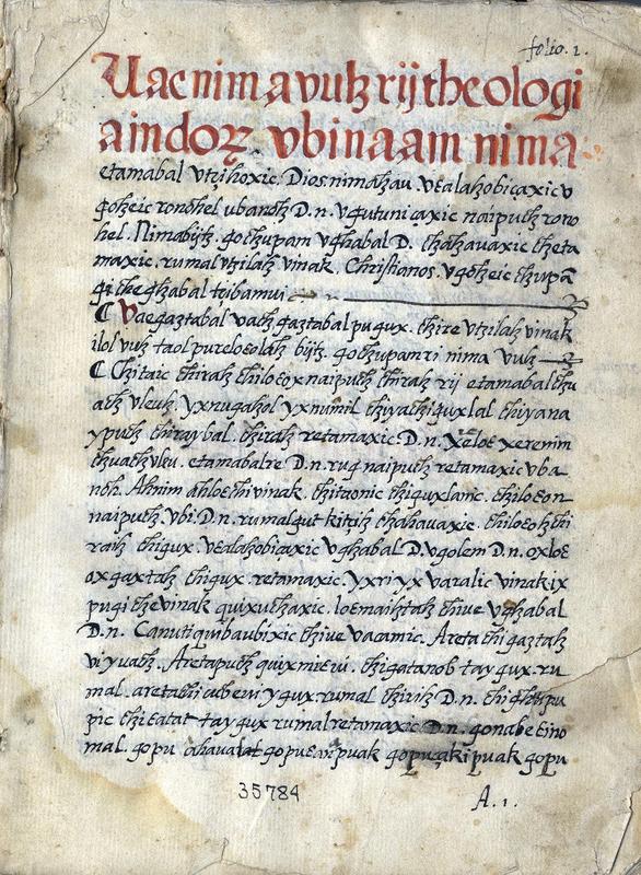 Deckblatt der Theologia Indorum im Archivbestand der American Philosophical Society in Philadelphia. Es handelt sich um Band 1, der Inhalte aus dem Alten Testament in K'iche' beschreibt.