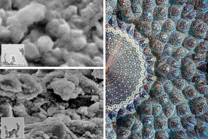 Nanopartikel haben die Fähigkeit, Mikrokanäle in der Bohrlochwand zu füllen (elektronenmikroskopische Aufnahmen li.). Dabei entsteht eine Struktur, vergleichbar mit persischen Muqarnas (r).