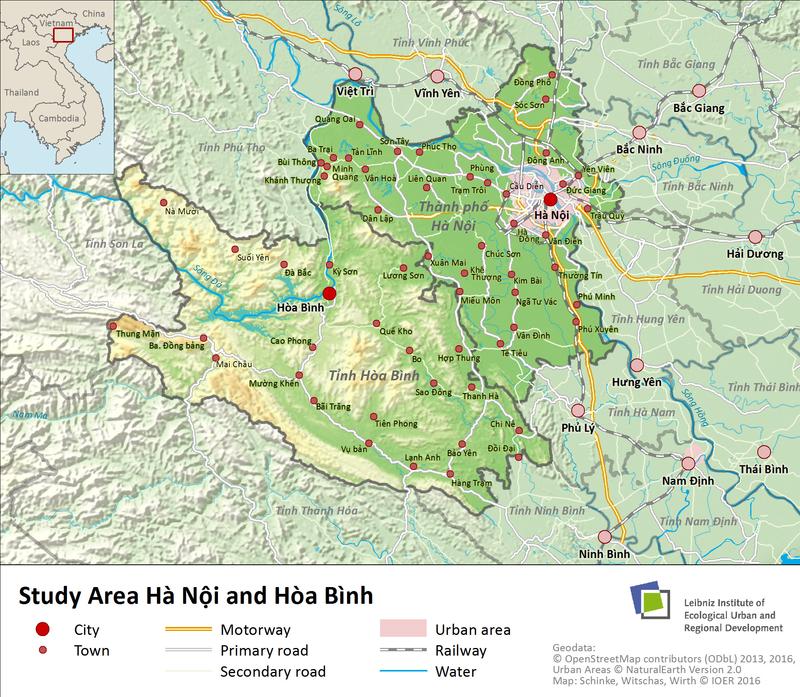 Karte des Untersuchungsgebietes Metropole Hanoi und Provinz Hoa Binh/Vietnam