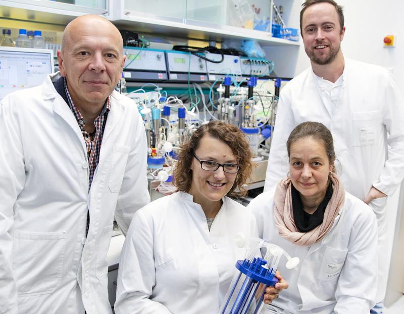 (von links) Dr. Robert Zweigerdt, Dr. Mania Ackermann, Dr. Antje Munder und PD  Dr. Nico Lachmann im Labor