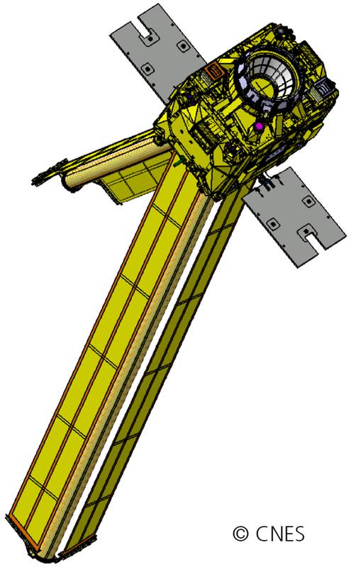 CAD-Modell des CNES-Satelliten Microscope mit zwei entfalteten Deorbiting-Segeln.