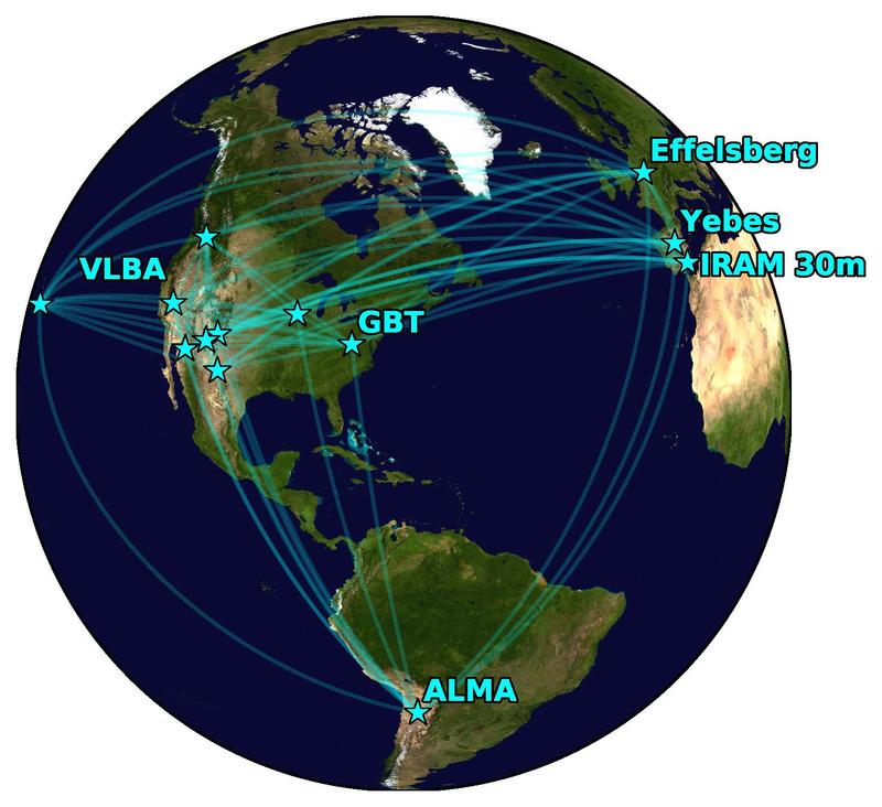 Das Globale Millimeter-VLBI-Netzwerk (GMVA) unter Miteinbeziehung des ALMA-Radioteleskops in Chile.