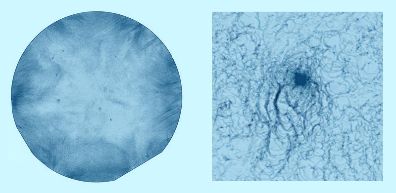 X-ray transmission topogram of the 101 reflex for a full 100 mm 4H SiC wafer and a more detailed section of the wafer.