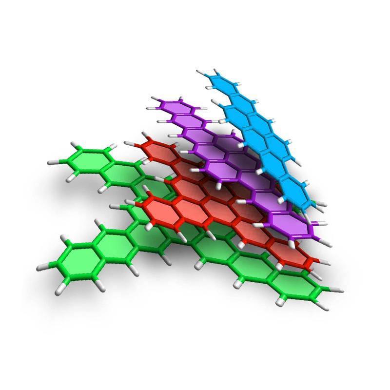 The much sought-after zigzag pattern can be found either in staggered rows of honeycombs (blue and purple) or four-limbed stars surrounding a central point of four graphene honeycombs (red, green).