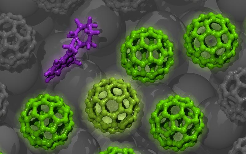 Illustration einer organischen Halbeiterschicht (Modell der Moleküle in grün) mit Dotiermolekül (violett)