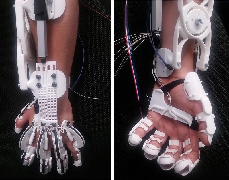 An der Universität Stuttgart wurde ein Hand-Exoskelett entwickelt, mit welchem die Greif-Fähigkeit einer gelähmten Hand wiederhergestellt werden kann. 