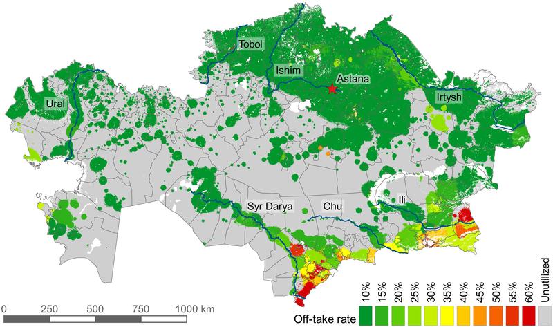 Distribution of grazing intensity in Kazakhstan for the year 2015