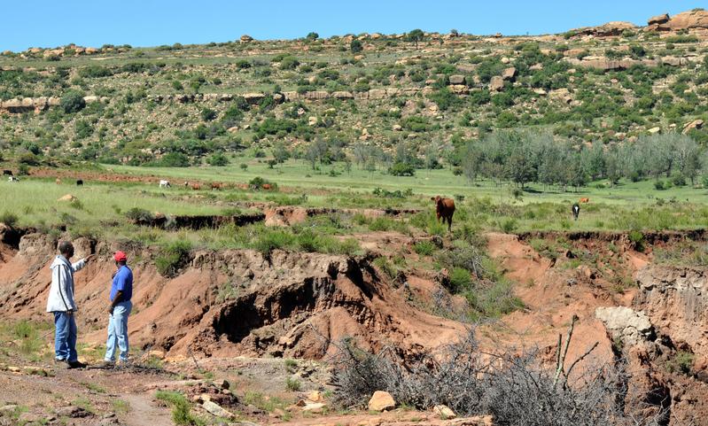 Mitarbeiter des Agricultural Research Council Südafrika stehen nahe der Grenze zu Lesoto an einer Stabilisierungsmaßnahme gegen Tiefenlinienerosion. 