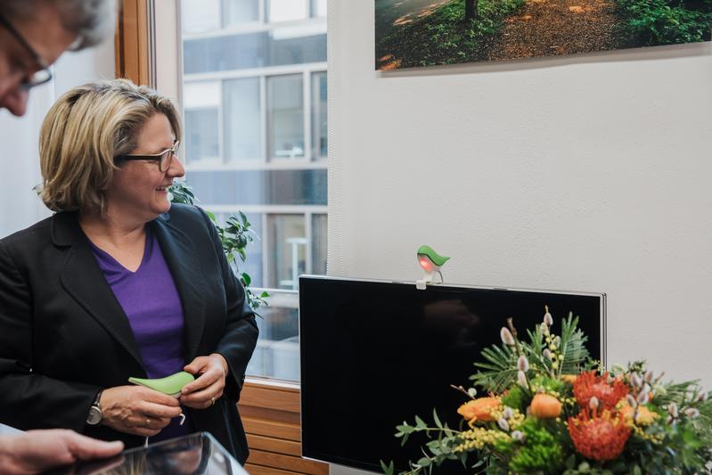 Der digitale Vogel „Piaf“ sitzt derzeit im Büro von insgesamt 25 Mitarbeiterinnen und Mitarbeiter des BMU – auch bei Bundesumweltministerin Svenja Schulze.