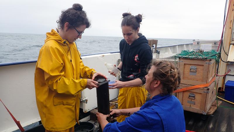 Some of the scientists involved, Tanita Wein, Dr Alexandra-Sophie Roy and Dr Julia Weißenbach (from left to right) sample sediment obtained from the ocean floor off the Peruvian coast.