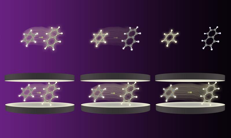 Schematic of energy transfer between two molecules outside (top) and inside a controlled vacuum due to closely placed mirrors (bottom). Under normal conditions, a swift loss of transfer effi