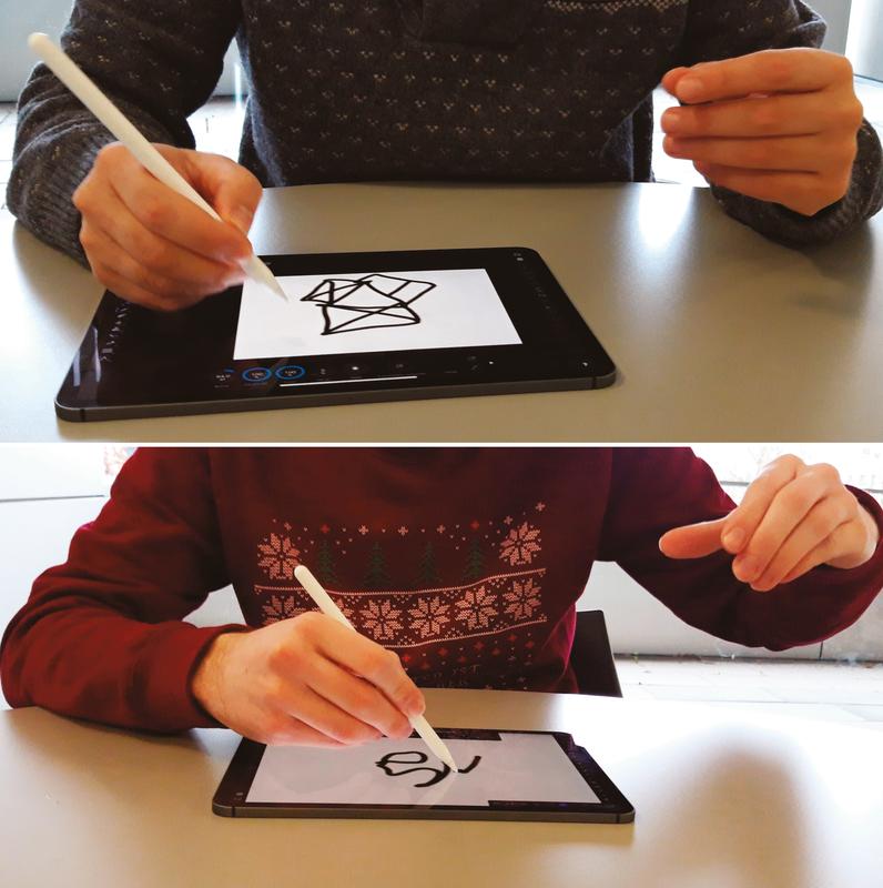 Während des Zeichnens mit dem Stift kann z. B. die Strichstärke ohne Berührung des Screens durch die Spreizung der Finger an der zweiten Hand verändert werden.