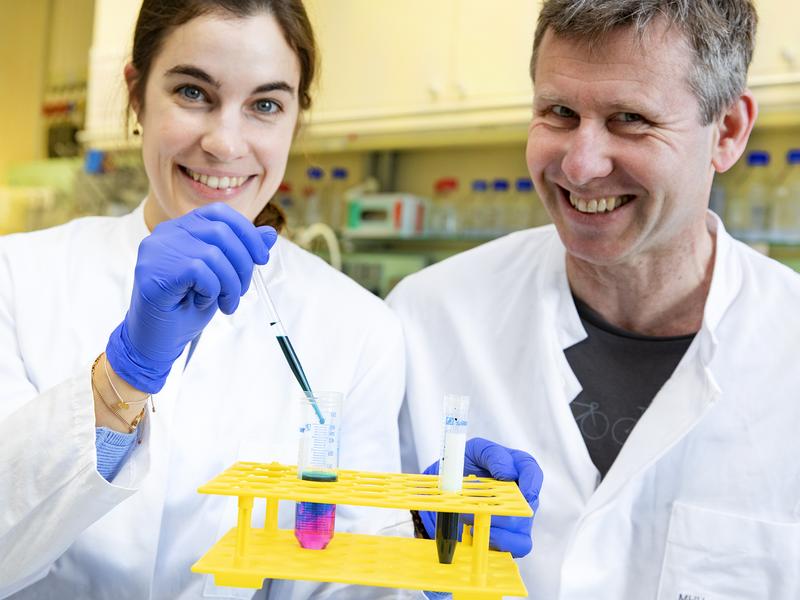 Anneke Wilharm und Professor Dr. Immo Prinz mit einer Zellen-färbenden Substanz