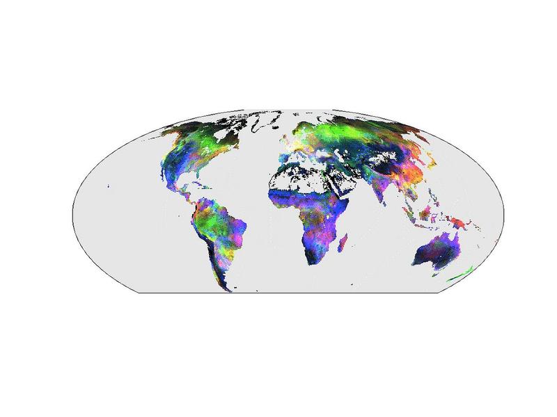 Anomalien des CO2-Austauschs in El Niño–Jahren, basierend auf KI-modellierten FLUXNET-Daten. Strahlungsbedingte Anomalien sind rot, temperaturbedingte grün und wasserbedingte in blau dargestellt. 