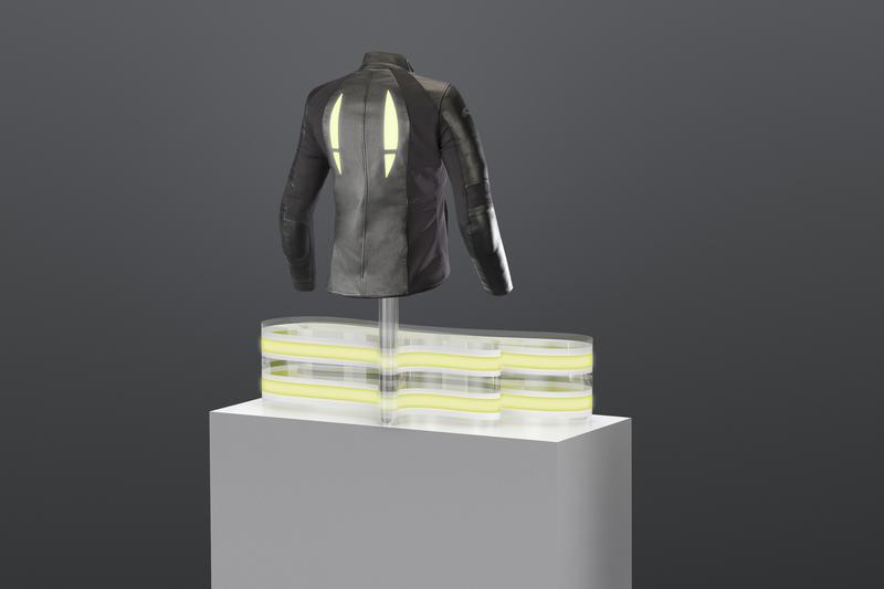 Prototypes of the eyecatcher motorcycle jacket with luminous integrated flexible OLEDs at LOPEC 2019