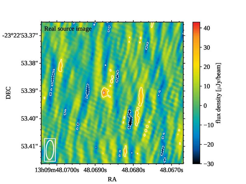 Interferometrisches Bild der Quelle aus der Verbindung von dreiunddreißig Radioteleskopen auf fünf Kontinenten (Falschfarbenbild mit Quelle als rötlicher Fleck etwas links von der Bildmitte).