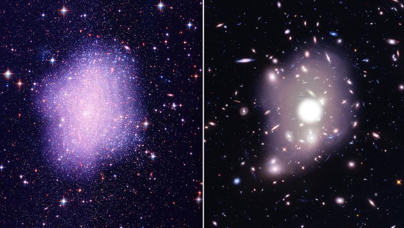 Die Dunkle Materie scheint in kleinen Galaxien nicht sehr stark zusammenzuklumpen, aber ihre Dichte steigt im Zentrum größerer Systeme wie Galaxienhaufen stark an. Dieser Unterschied war rätselhaft.