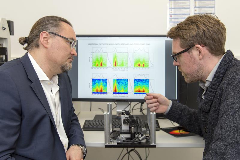 Prof. Dr. Juergen Hauer (li) und Erstautor Erling Thyrhaug mit ihrem Messinstrument. Im Hintergrund Spektren, die damit aufgenommen wurden. 