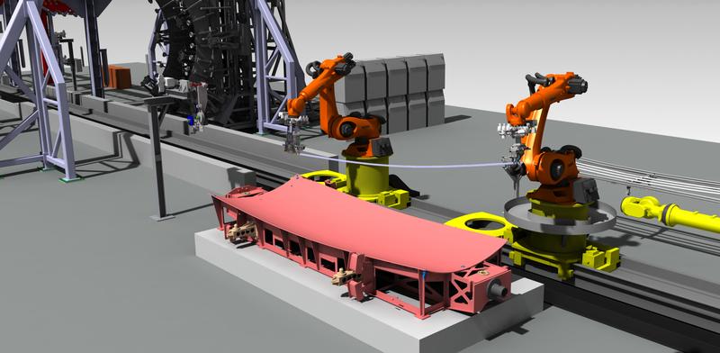 Virtual test run of the process chain for stringer integration into an aircraft fuselage by offline programming of the motion paths of the robots 