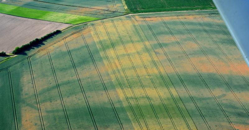 Das Luftbild zeigt die entstandenen Muster auf dem Feld während des heißen trockenen Sommers 2018.