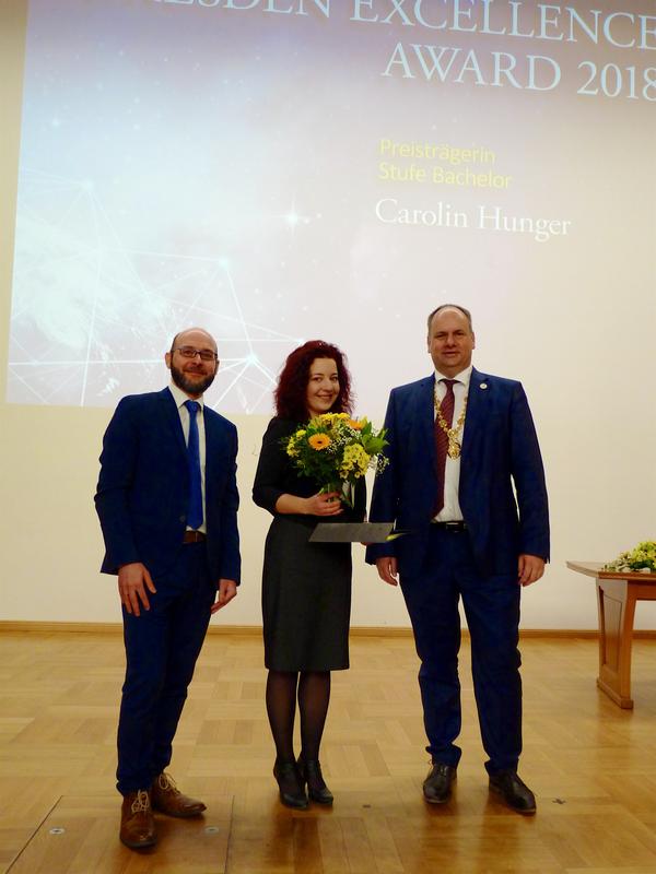 v.l.n.r.: FHD-Prorektor für Studium, Prof. Dr. Maik Arnold, Carolin Hunger, Oberbürgermeister der Stadt Dresden: Dirk Hilbert