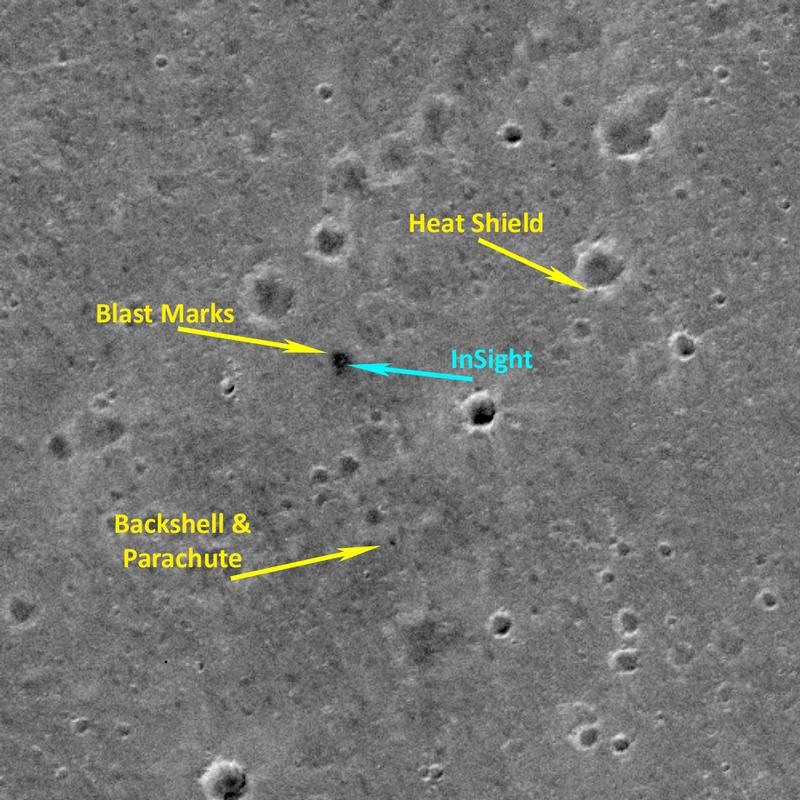 The image shows a panchromatic channel image of the InSight landing site on Mars. The original image had a scale of about 4.5 m per pixel, and has been expanded to 2.25 m/pixel for display purposes. 