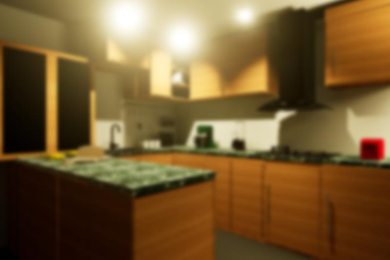Blick in die Küche mit Grauem Star: Das Bild wird unscharf, die Lichtquellen führen zu unangenehmen Streuungseffekten.