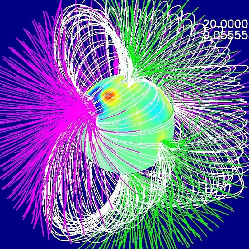 Das Magnetfeld des Sterns II Pegasi. Gezeigt ist die Extrapolation des Magnetfeldes auf 2,2 Sternradien. Magenta: negative Polarität, grün: positive Polarität, geschlossene Schleifen sind weiß.