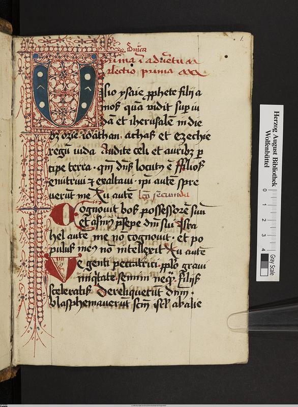 Lateinisches Gebetbuch der Benediktiner von Bursfelde, geschrieben und gemalt 1495–1500 im Benediktinerkloster Clus bei Gandersheim. Textbeginn mit reichverziertem Anfangsbuchstaben U, Cod. 