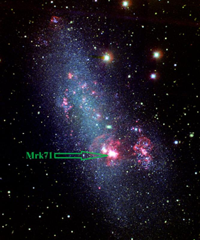 Green pea”-Galaxie NGC 2366, aufgelöst in tausende blaue (junge) Sterne. Nebel erscheinen als rote/rosa Bereiche. Mrk 71, der hellste Nebel, ist durch den Pfeil markiert. 