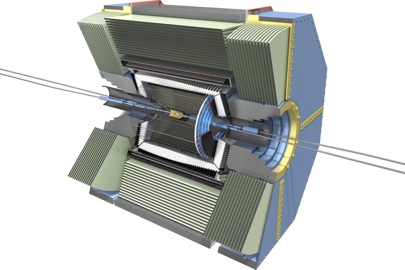 Der Pixel-Vertex-Detektor in der Bildmitte ist etwa so groß wie eine Getränkedose und sitzt ganz innen im Belle II-Experiment. Dort werden Teilchenspuren mit höchster Präzision aufgezeichnet.