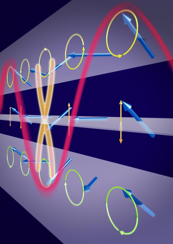Eine ultrakurzwellige Spinwelle (rot) läuft durch eine Nickel-Eisen-Schicht. Etwa in der Mitte der Schicht schwingt die magnetische Richtung (blaue Pfeile) in einer Art Knoten lediglich auf und ab.