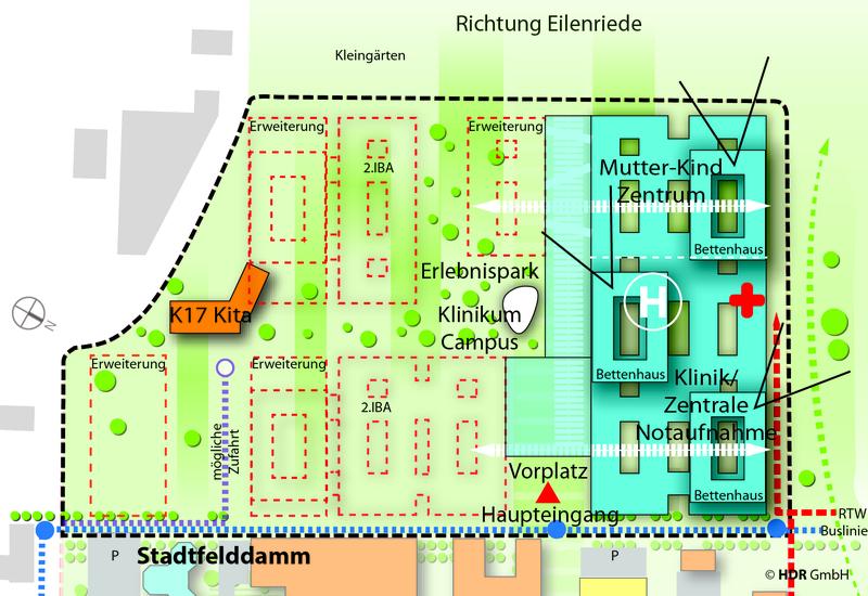 Der Neubau soll auf der Erweiterungsfläche westlich des Stadtfelddamms entstehen. Im ersten Inbetriebnahmeabschnitt (blau) sollen auf einer Fläche von 78.055 qm 928 Betten, davon 229 In