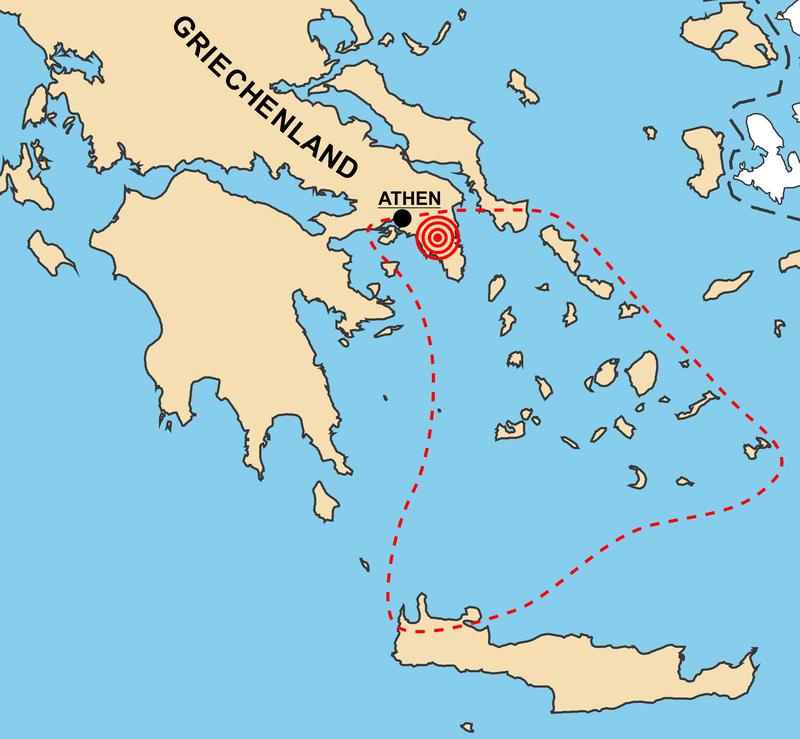 Verbreitungskarte von Crocus cartwrightianus (gestrichelte Linie). In rot ist die griechische Region (Attika) markiert in der der Safrankrokus entstanden ist.
