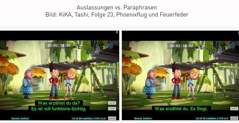 Das Untertitel-Beispiel zeigt Auslassungen vs. Paraphrasen. Quelle: KiKA, „Tashi“, Folge 23, „Phönixflug und Feuerfeder“