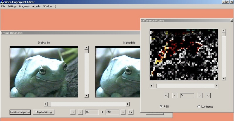 Die beiden MPEG-Videobilder vom Frosch unterscheiden sich äußerlich betrachtet nicht. Erst im Differenzbild offenbart sich das gegen Manipulationen weit-gehend sichere Wasserzeichen der Software H2O4M. ©Fraunhofer IPSI