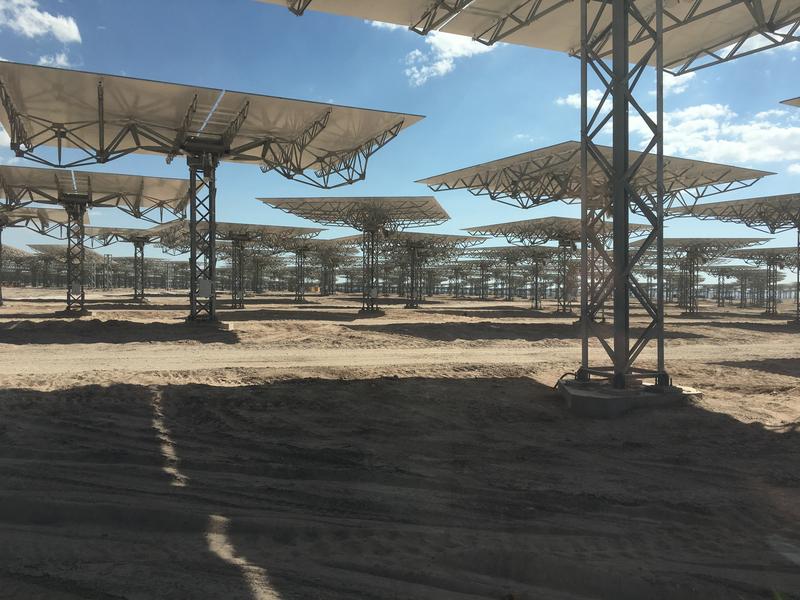 Field of heliostats at the 100 MW central tower solar concentrating power plant of Cerro Dominador in Northern Chile, presently under construction.
