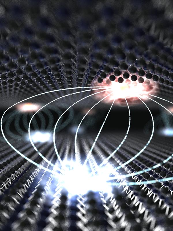 Künstlerische Darstellung einer Interlagenexzitons in einer Schichtstruktur aus Übergangsmetall-Dichalkogeniden. Das Elektron (blau) und das Loch (rot) wechselwirken über die atomare Distanz hinweg.