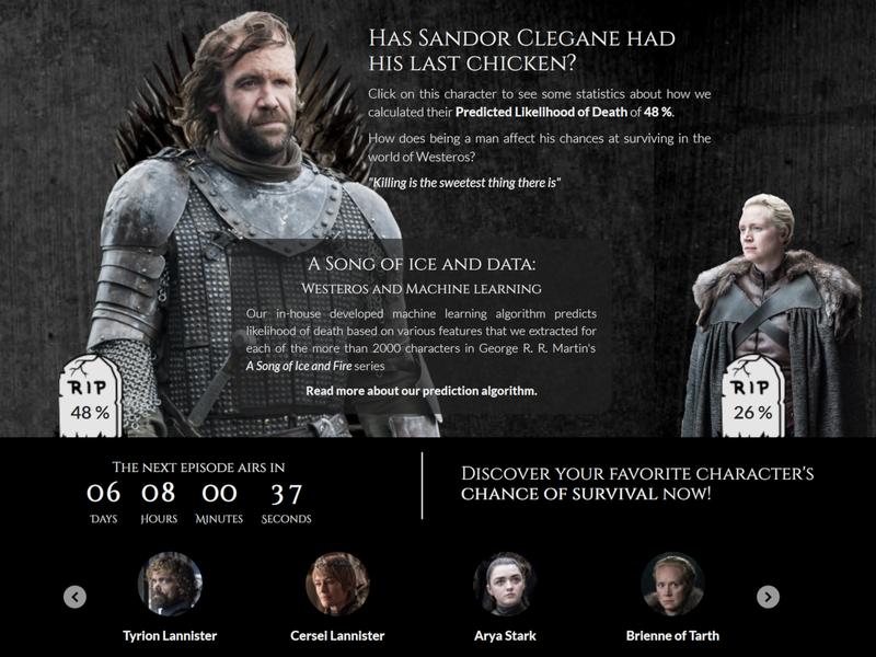 The main page of https://got.show presents two main characters and their predicted likelihood of death in the TV show.