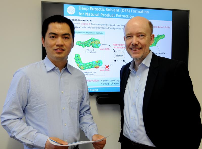 Dr. Zhen Song und Prof. Dr.-Ing. Kai Sundmacher diskutieren erste Ergebnisse zur Verwendung von stark eutektischen Lösungsmitteln zur Gewinnung von Vitamin E.