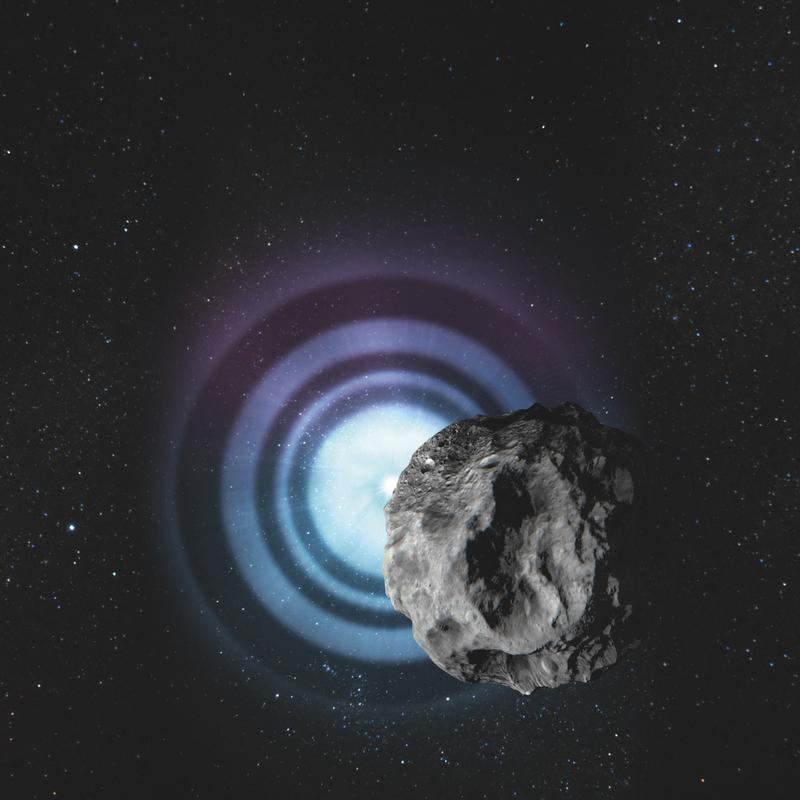 Wenn ein Asteroid vor einem Stern vorbeizieht, entsteht ein Beugungsmuster (hier deutlich übertrieben dargestellt), aus dem sich der Durchmesser des Sterns bestimmen lässt.
