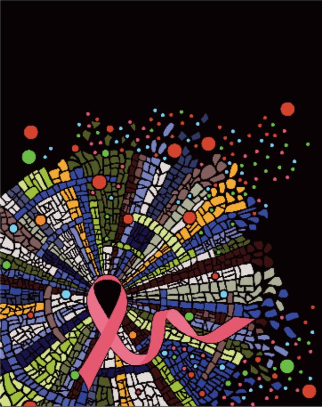 Das Bild stellt einen invasiven Brustkrebs dar, welcher aus vielen verschiedenen Tumorzellarten besteht und von vielartigen Immunzellen umgeben und infiltriert wird.