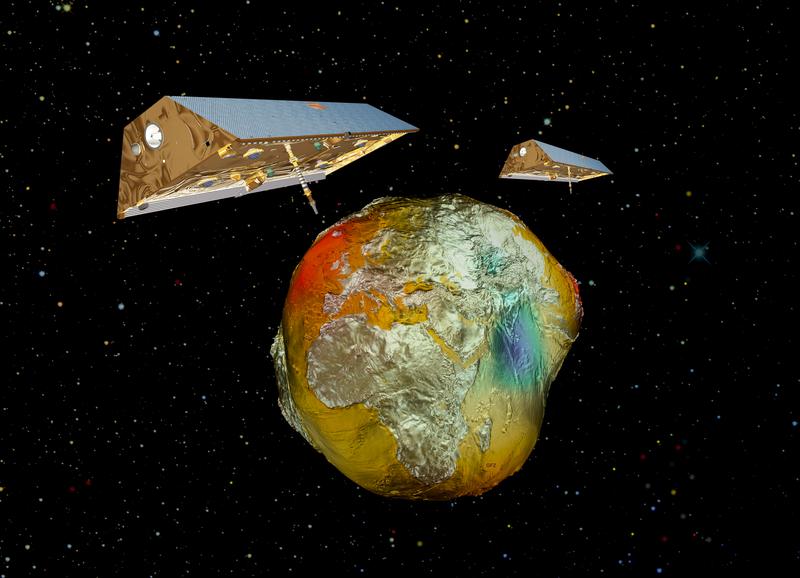 Die Satelliten-Zwillinge GRACE mit dem Schwerefeld der Erde.