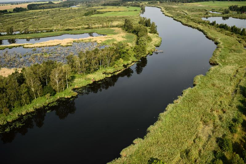 Der Fluss Peene und Überschwemmungsgebiete beim Anklamer Stadtbruch in Deutschland.