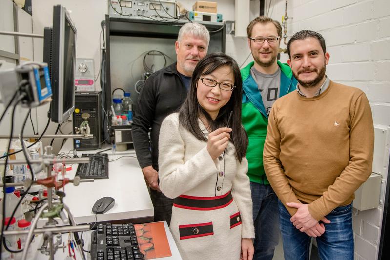  Wolfgang Schuhmann, Fangyuan Zhao, Adrian Ruff und Felipe Conzuelo (von links) sorgen für langlebige Bioelektroden.